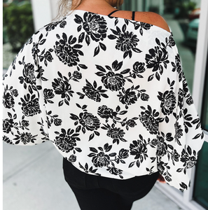 Plus Size White Opposites Attract Boat Neck Floral Dolman Sleeve Top