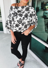 Load image into Gallery viewer, Plus Size White Opposites Attract Boat Neck Floral Dolman Sleeve Top