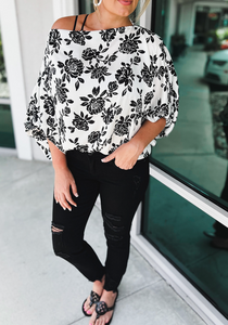 Plus Size White Opposites Attract Boat Neck Floral Dolman Sleeve Top