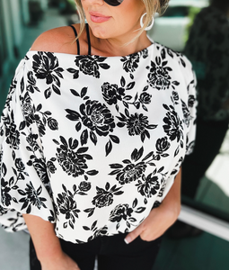 Plus Size White Opposites Attract Boat Neck Floral Dolman Sleeve Top