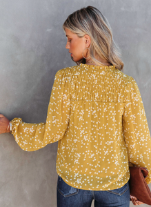 Yellow Split Neck Fall Printed Crinkled Blouse