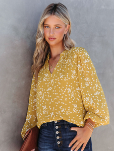 Yellow Split Neck Fall Printed Crinkled Blouse