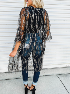 Sequin Sheer Long Sleeve Open Front Kimono