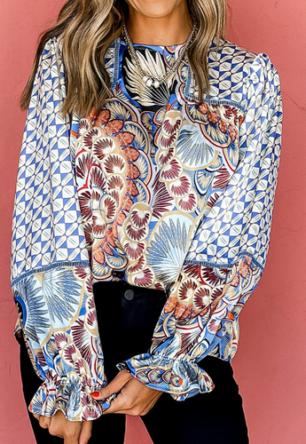 Sky Blue Mixed Floral Geometric Print Ruffled Long Sleeve Blouse