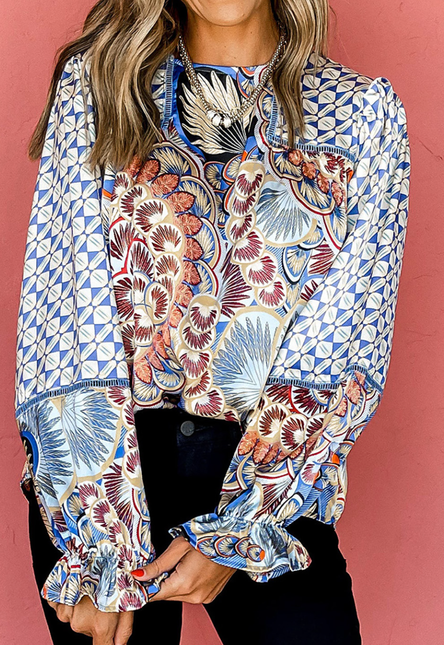 Sky Blue Mixed Floral Geometric Print Ruffled Long Sleeve Blouse