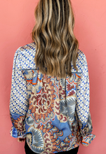 Load image into Gallery viewer, Sky Blue Mixed Floral Geometric Print Ruffled Long Sleeve Blouse