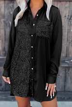 Load image into Gallery viewer, Sequin Splicing Pocket Buttoned Shirt Dress