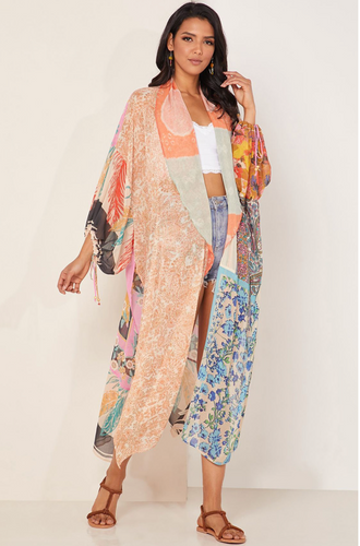 Orange Bohemian Patchwork Print Drawstring Puff Sleeve Kimono