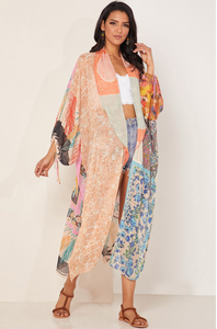 Orange Bohemian Patchwork Print Drawstring Puff Sleeve Kimono