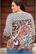 Load image into Gallery viewer, Pre-Order Black Mixed Floral Geometric Print Ruffled Long Sleeve Blouse