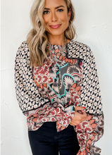 Load image into Gallery viewer, Pre-Order Black Mixed Floral Geometric Print Ruffled Long Sleeve Blouse