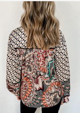 Load image into Gallery viewer, Pre-Order Black Mixed Floral Geometric Print Ruffled Long Sleeve Blouse