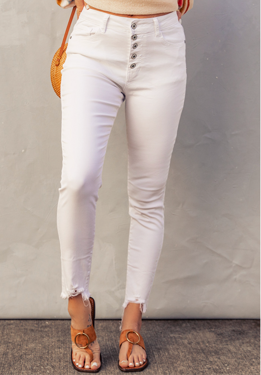 Pre-Order White Plain Buttons Frayed Raw Hem High Waist Denim Jeans