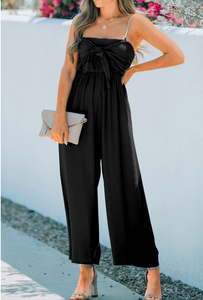 Pre-Order Black Front Knot Smocked Back Spaghetti Straps Jumpsuit