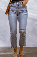 Load image into Gallery viewer, Pre-Order Sky Blue Distressed Raw Hem Buttoned Jeans