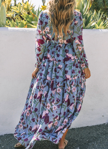 Purple Wild Lotus Ruffle Tiered Maxi Dress