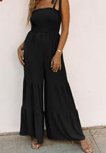 Load image into Gallery viewer, Pre-Order Black Tie Straps Shirred Bodice Tiered Wide Leg Jumpsuit