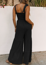 Load image into Gallery viewer, Pre-Order Black Tie Straps Shirred Bodice Tiered Wide Leg Jumpsuit