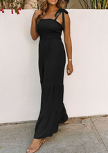 Load image into Gallery viewer, Pre-Order Black Tie Straps Shirred Bodice Tiered Wide Leg Jumpsuit