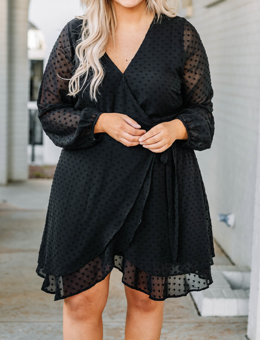 Pre-Order Black Plus Size Swiss Dot V Neck Wrap Long Sleeve Dress – Worn & Refined