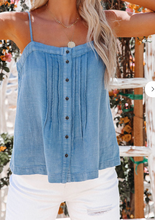 Load image into Gallery viewer, Pre-Order Sky Blue Pleated Buttons Denim Tank Top