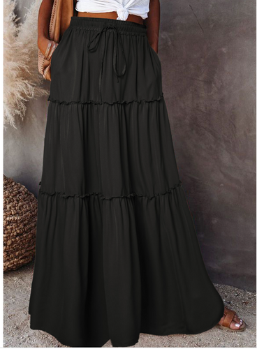 Pre-Order Black Frill Tiered Drawstring Waist Maxi Skirt