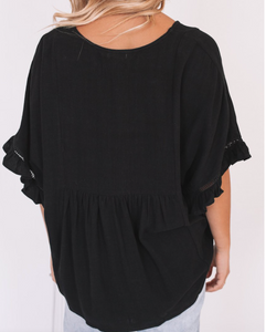 Pre-Order Black Ruffled Lace Detail Loose V Neck Top