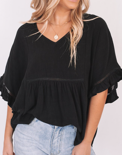 Pre-Order Black Ruffled Lace Detail Loose V Neck Top