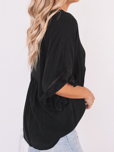 Pre-Order Black Ruffled Lace Detail Loose V Neck Top