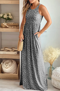 Pre-Order Leopard Print Pocketed Sleeveless Maxi Dress