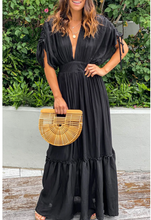 Load image into Gallery viewer, Pre-Order Black Drawstring Pleated Kimono Sleeve Ruffle Maxi Dress