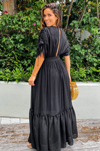 Load image into Gallery viewer, Pre-Order Black Drawstring Pleated Kimono Sleeve Ruffle Maxi Dress