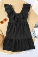 Load image into Gallery viewer, Pre-Order Black Ruffle Trim V Neck Smocking Back Mini Dress