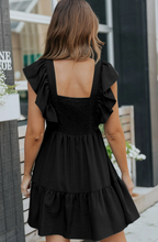 Load image into Gallery viewer, Pre-Order Black Ruffle Trim V Neck Smocking Back Mini Dress