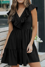 Load image into Gallery viewer, Pre-Order Black Ruffle Trim V Neck Smocking Back Mini Dress