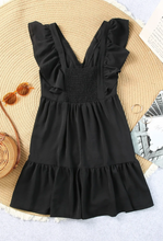 Load image into Gallery viewer, Pre-Order Black Ruffle Trim V Neck Smocking Back Mini Dress