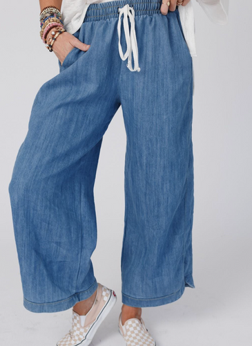 Pre-Order Sky Blue Wide Leg Drawstring Waist Loose Pants
