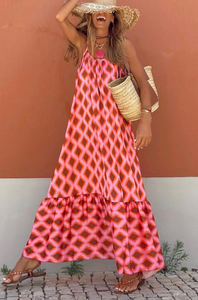 Pre-Order Red Geometric Print Loose Fit Sleeveless Maxi Dress