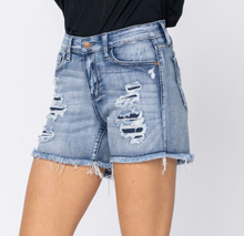 Load image into Gallery viewer, Mid-Rise Patch Washout cut off shorts-XL ONLY