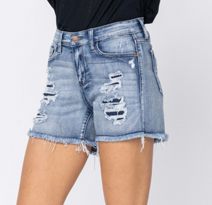 Mid-Rise Patch Washout cut off shorts-XL ONLY