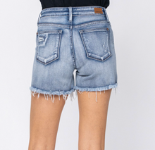 Load image into Gallery viewer, Mid-Rise Patch Washout cut off shorts-XL ONLY