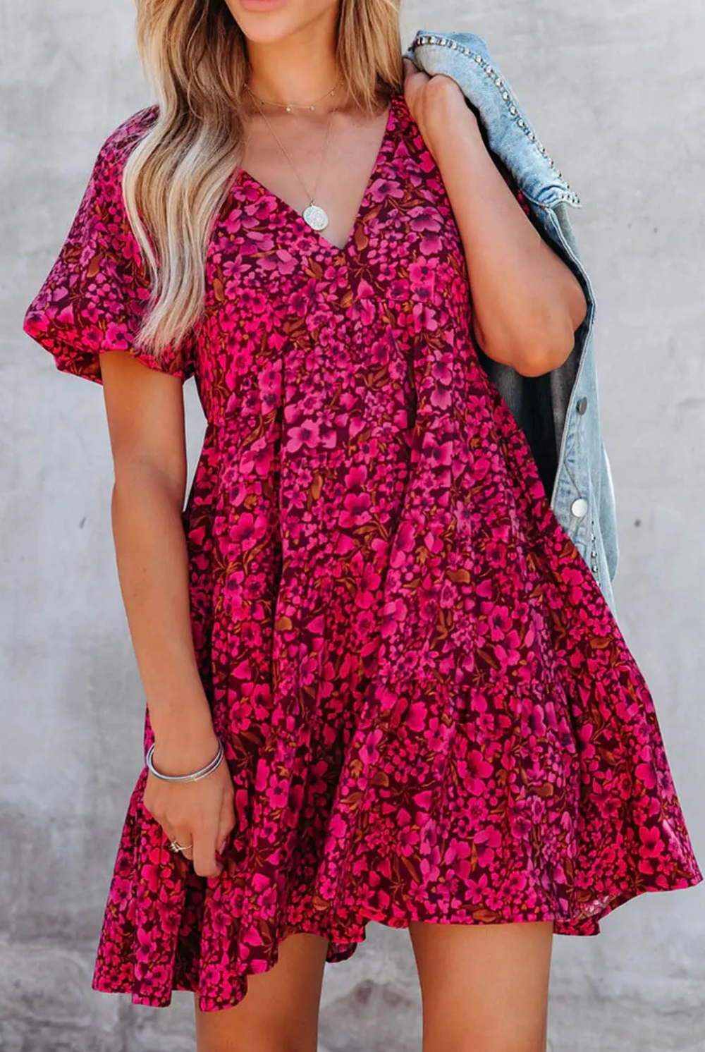 Rose Floral V Neck Babydoll Dress