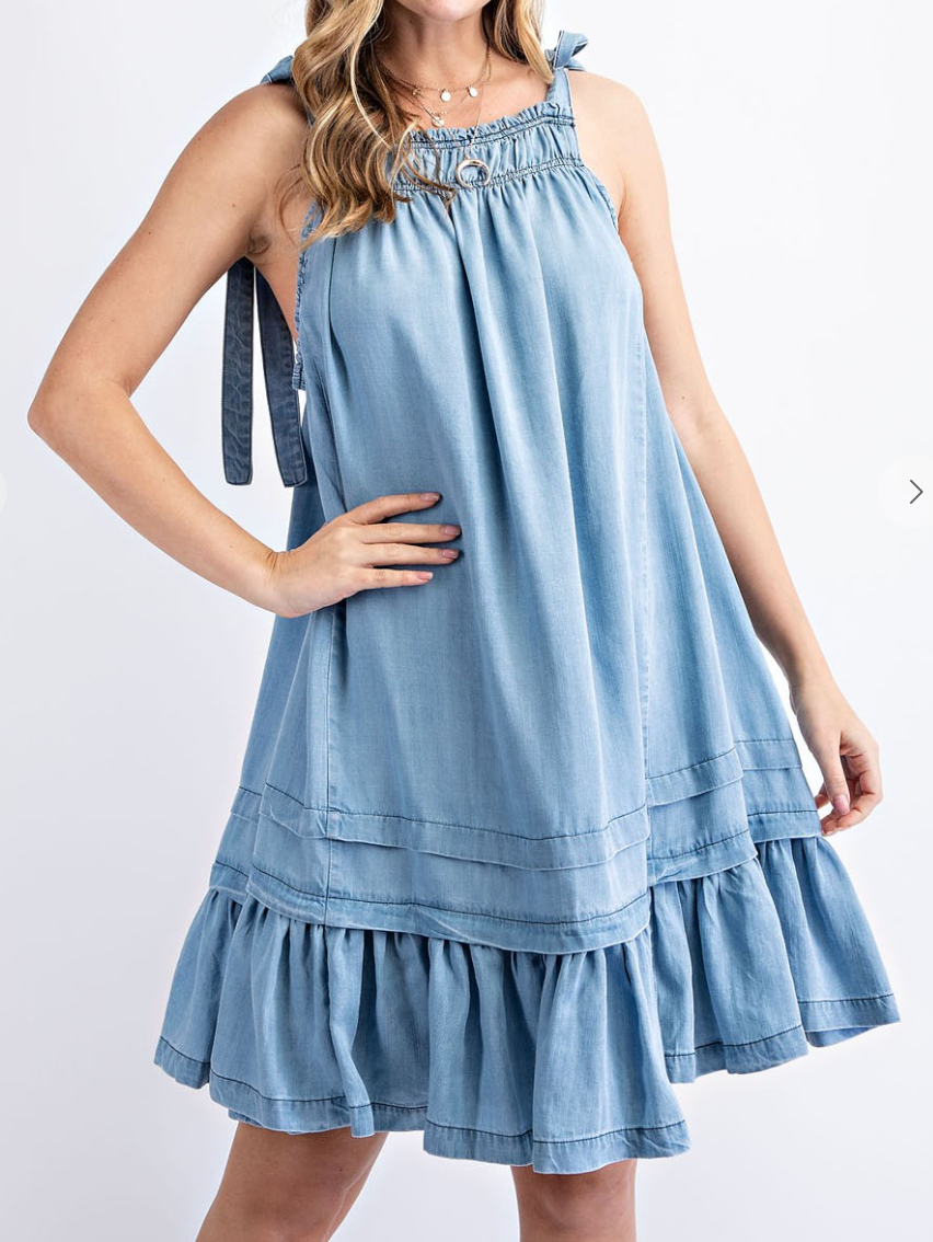 Denim Dress w/Tie Straps Worn & Refined Denim Dress w/Tie Straps Worn & Refined