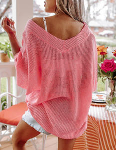 Pre-Order Pink V Neck Half Sleeves Loose Knitted Top