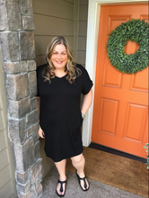 Load image into Gallery viewer, Black V-Neck Rolled Sleeve Dress with Pockets