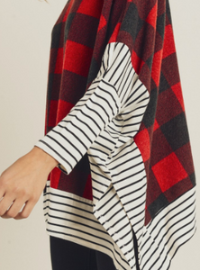 Red Buffalo Plaid Mock Neck Poncho Top with Striped Sleeve