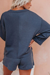 Blue Inverted Knit Pullover Shorts Set