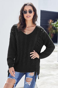 Pre-Order V-Neck Cable Knit Lace Up Sweater