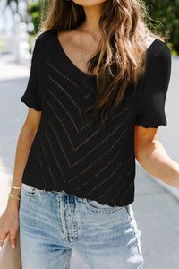 Pre-Order V Neck Eyelet Knitted Top with Scalloped Trims