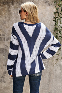 Blue & White Knit V-Neck Sweater